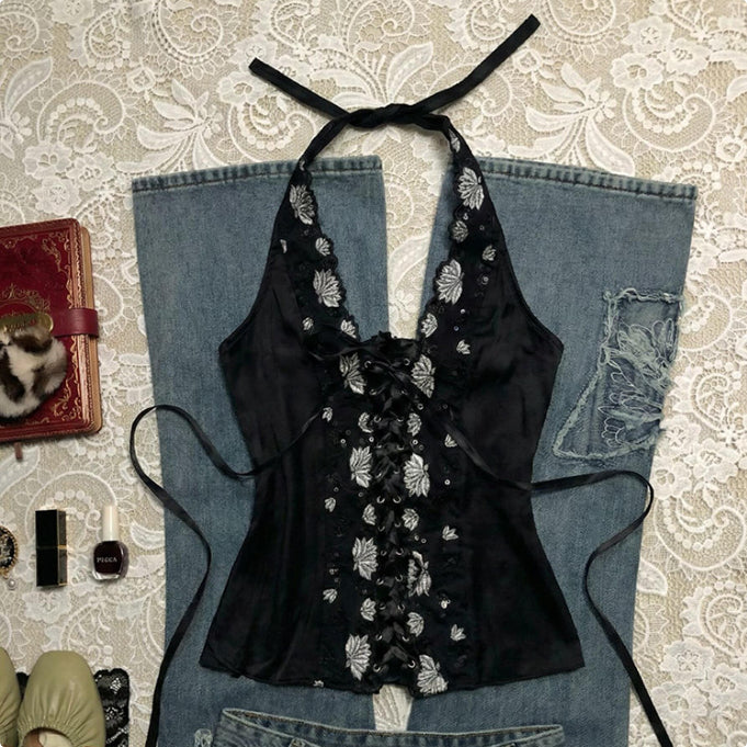 Retro Strap Halter Top Sexy et figurative pour les femmes
