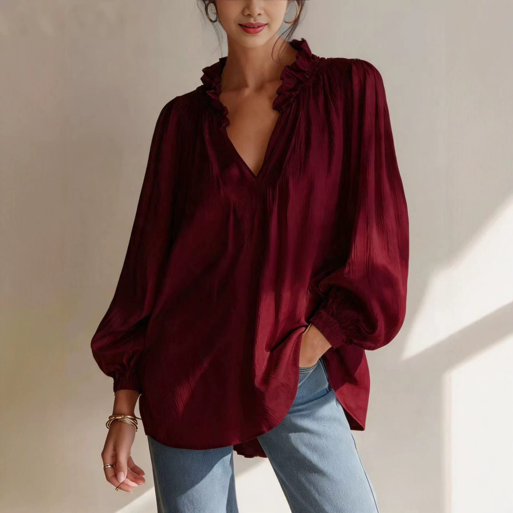 Femmes Casual Ruffled-edge V-neck Blouse à manches de puff