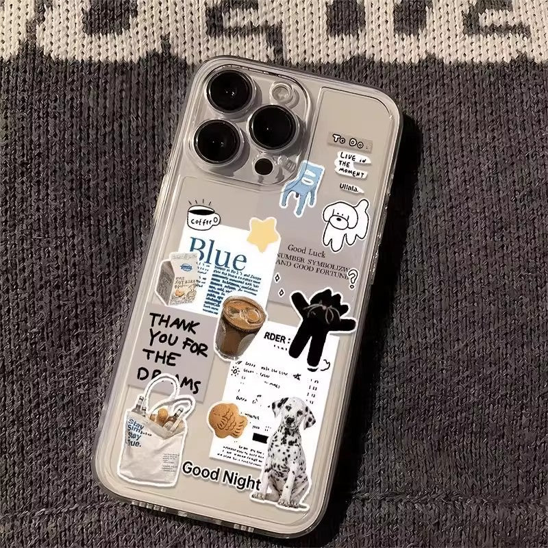 Case téléphonique transparente sur le thème du café avec des dessins animaux mignons