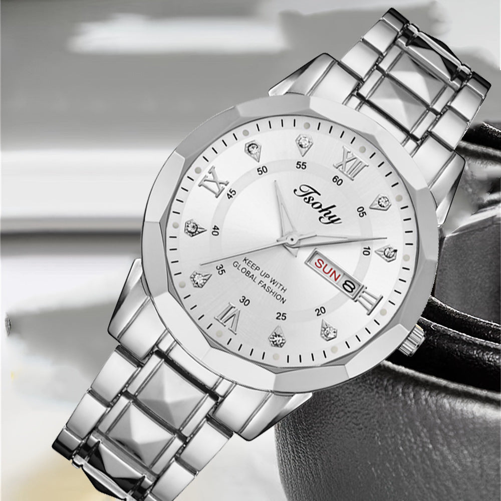 Montre Quartz Double Calendrier Hommes Lumineux