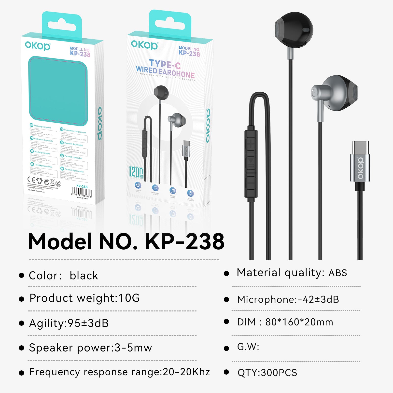 KP-238 Écouteurs filaires avec commandes en ligne Connecteur USB-C semi-en-oreille Conception haute volum