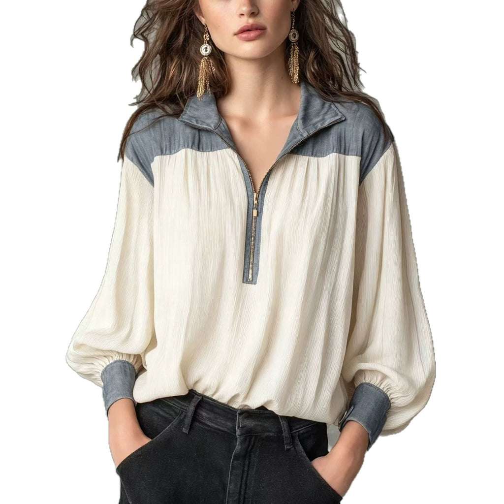 Chemise casual femme à manches longues avec une fermeture éclair et manches de puff