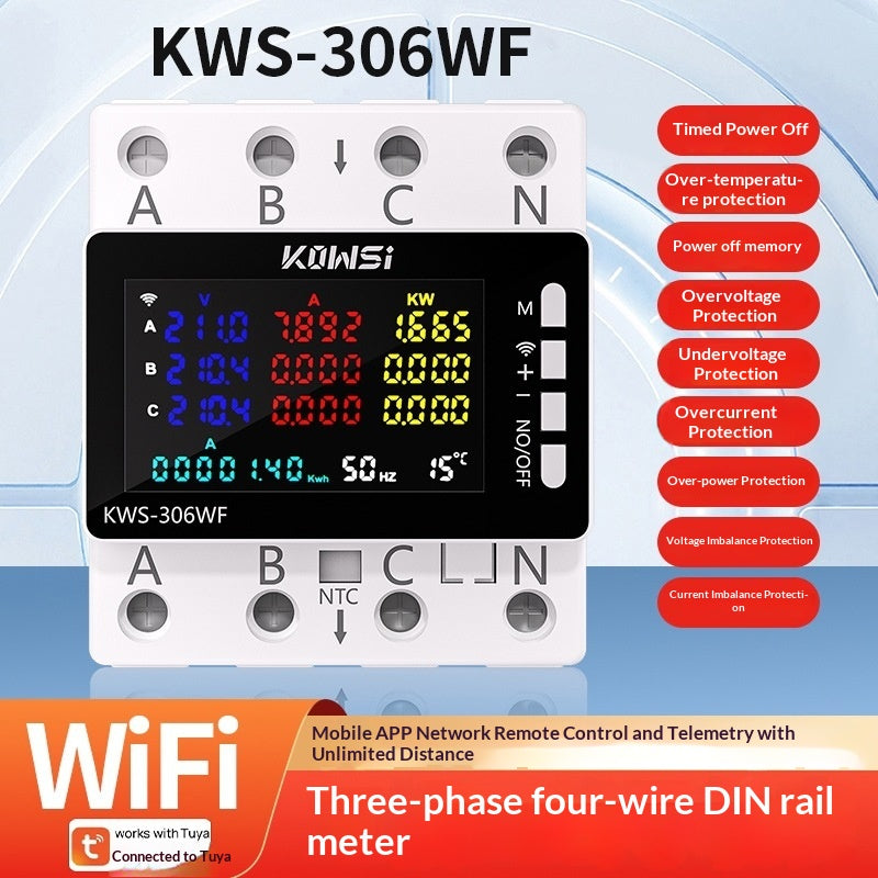Smart Wi-Fi Trois Phase Four Fil DIN Compteur d'énergie ferroviaire Puissance de courant multifonction