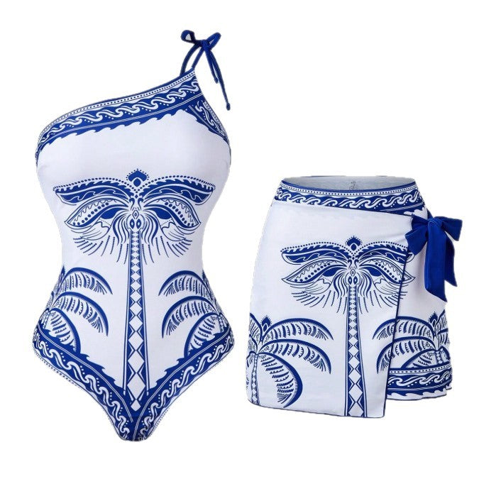 Sexy Une épaule imprimé une pièce maillot de bain avec un ensemble courte jupe deux pièces