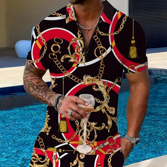 Deux-pièces Lapel Zipper Printed Leisure Sports