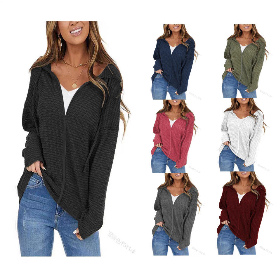 Femmes Waffle Knit Zip Up Hoodie Long Sleeve Drawstring Loose Casual Sweatshirt à capuche Jack