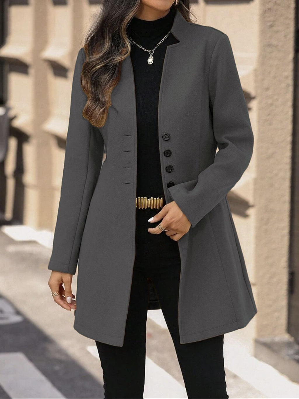 Élégante laine Stand-collar Trench Coat Style mi-long pour les femmes
