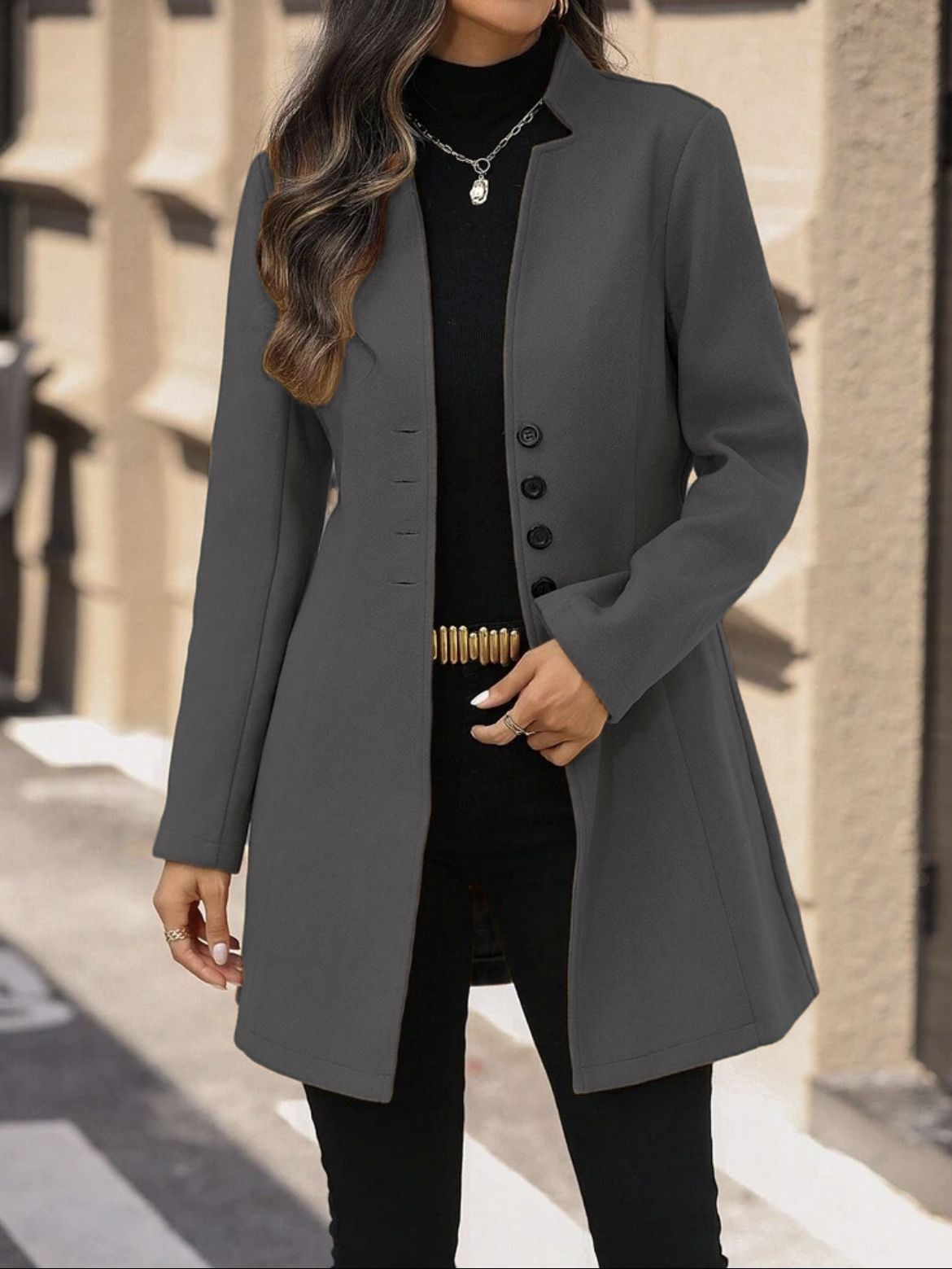 Élégante laine Stand-collar Trench Coat Style mi-long pour les femmes