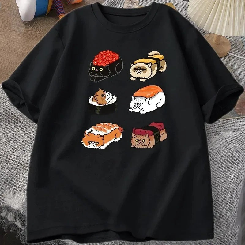 T-shirt Kawaii Cute Cat Sushi pour l'été