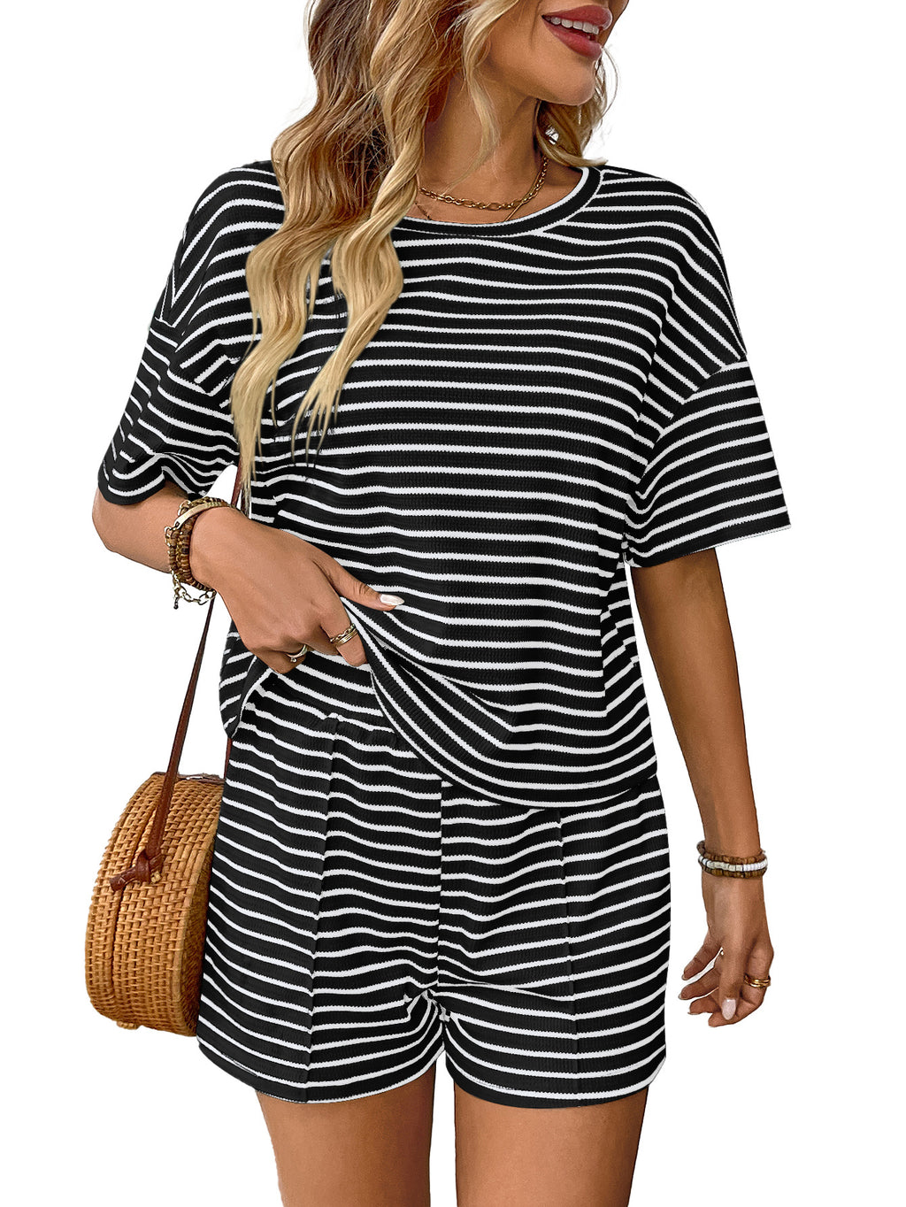 Women's Summer Knit Striped Mode Casual Shorts Ensemble sportif