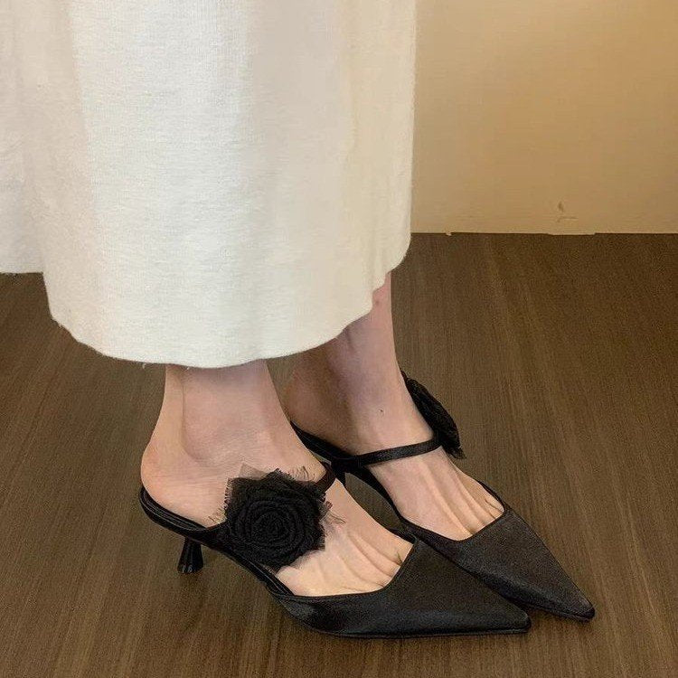 Femmes High Heel Chinese Style Floral Retro orteil fermé Mule Slippers Spring Summer Outdoo
