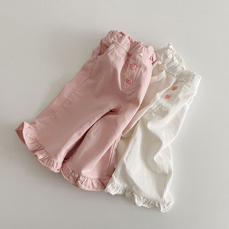 Printemps bébé fille Rétro oreille en bois Casual dentelle Pantalon large-lég enfant Pantalon de mode
