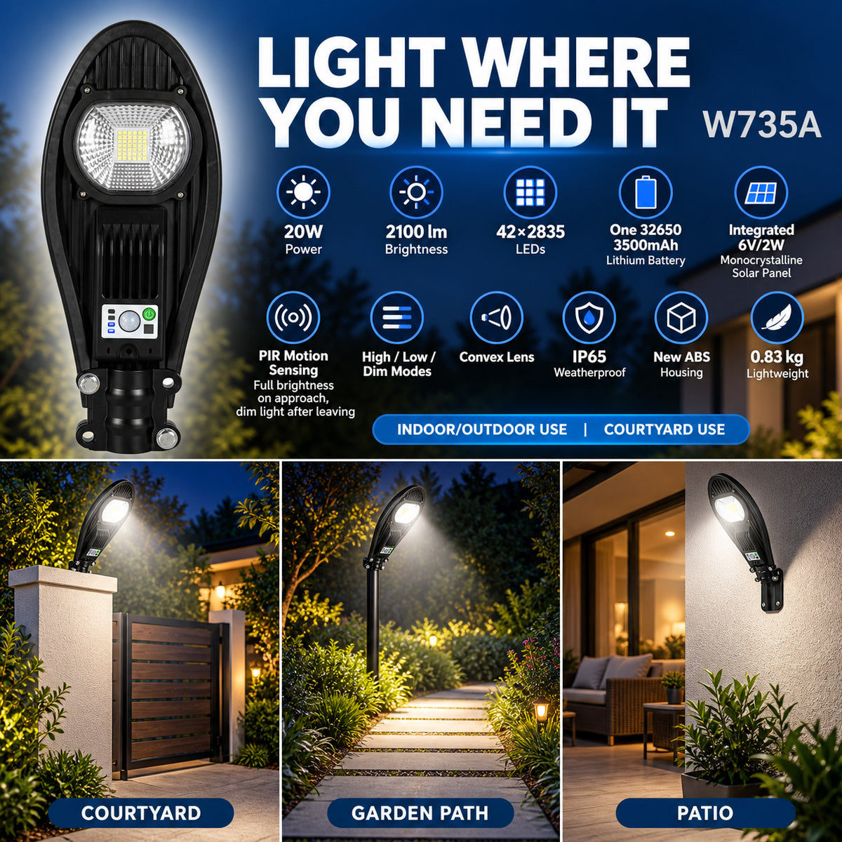 Capteur de mouvement rechargeable solaire Lampe de jardin étanche W735A Pour décoration de triage