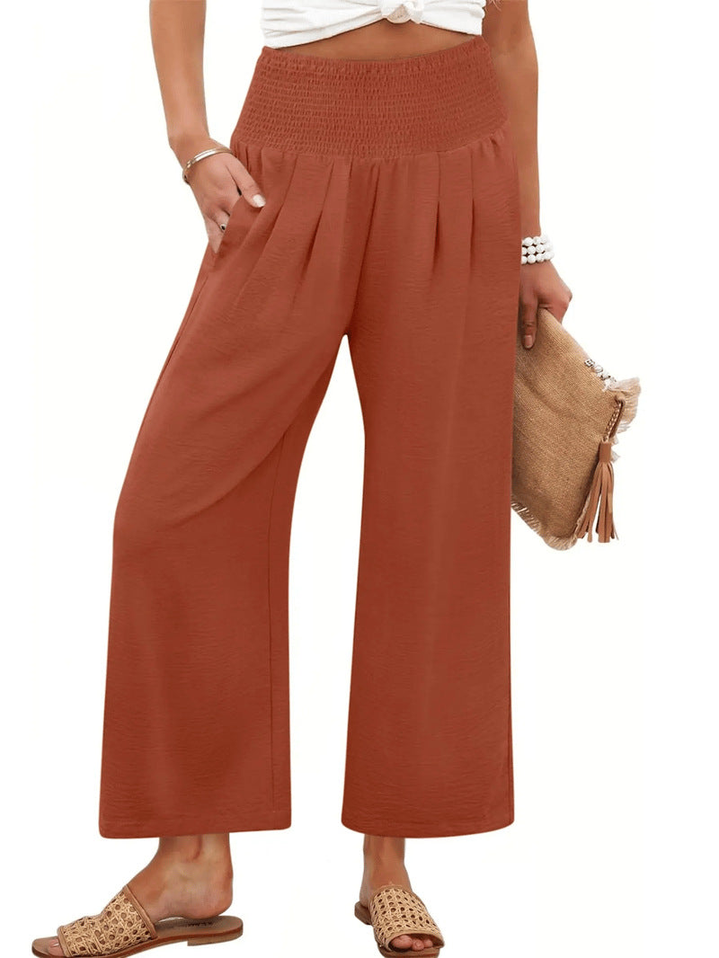 Printemps et automne Couleur solide Pantalons de femmes broyés haute taille taillés droit-leg Casual