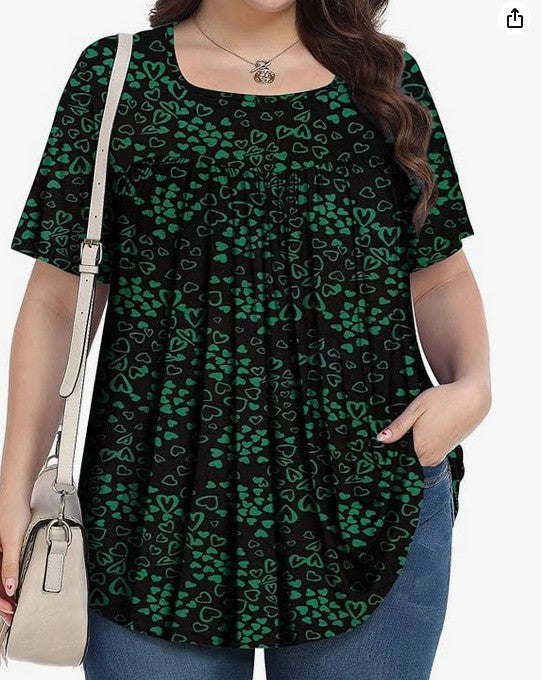 T-shirt casual à col rond à manches courtes avec imprimé floral plus taille