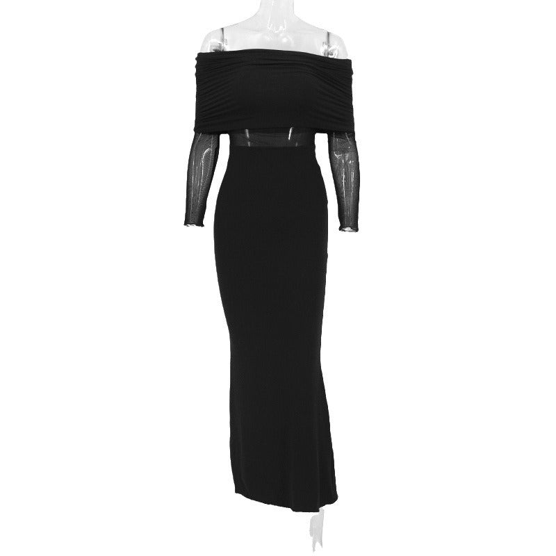 Robe de polyester à manches longues plissées pour femmes en hiver sexy