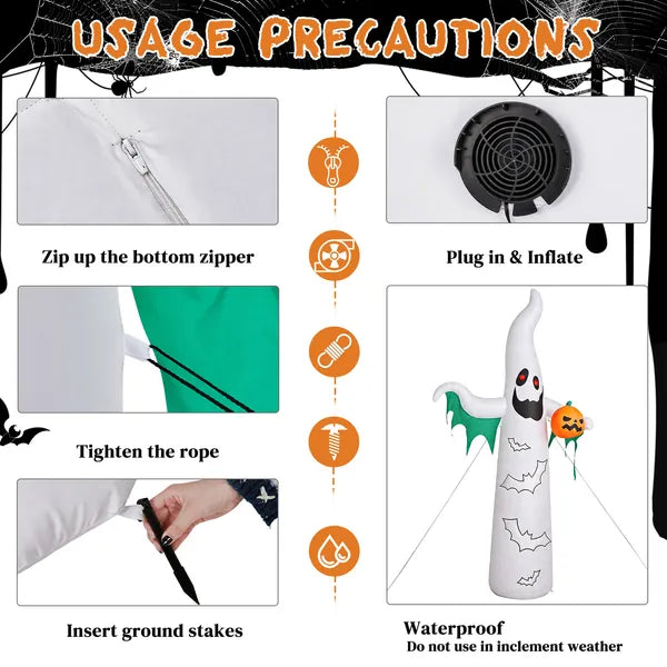 Decor gonflable Halloween 12ft avec des chauves-souris clignotantes et des fantômes blancs