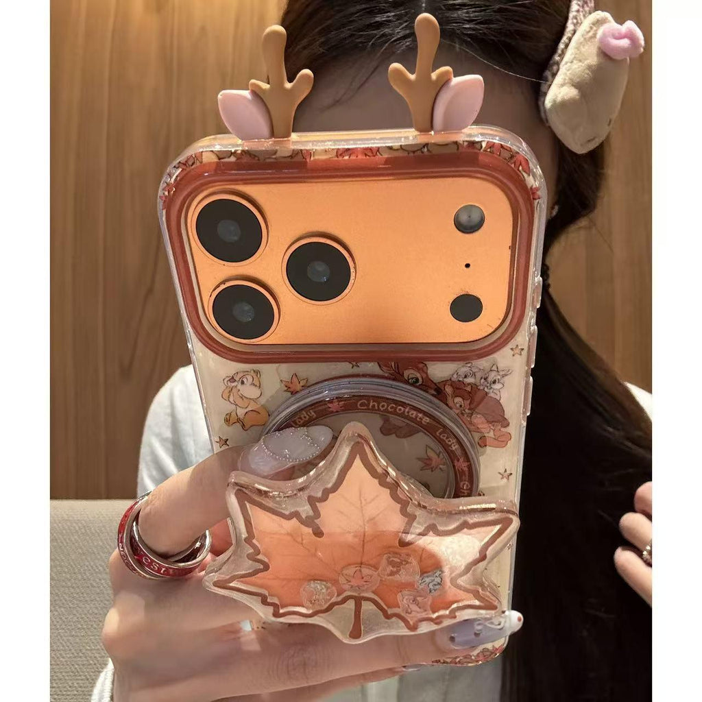 Mignon 3D Deer-Ear étui de téléphone magnétique Maple-Leaf