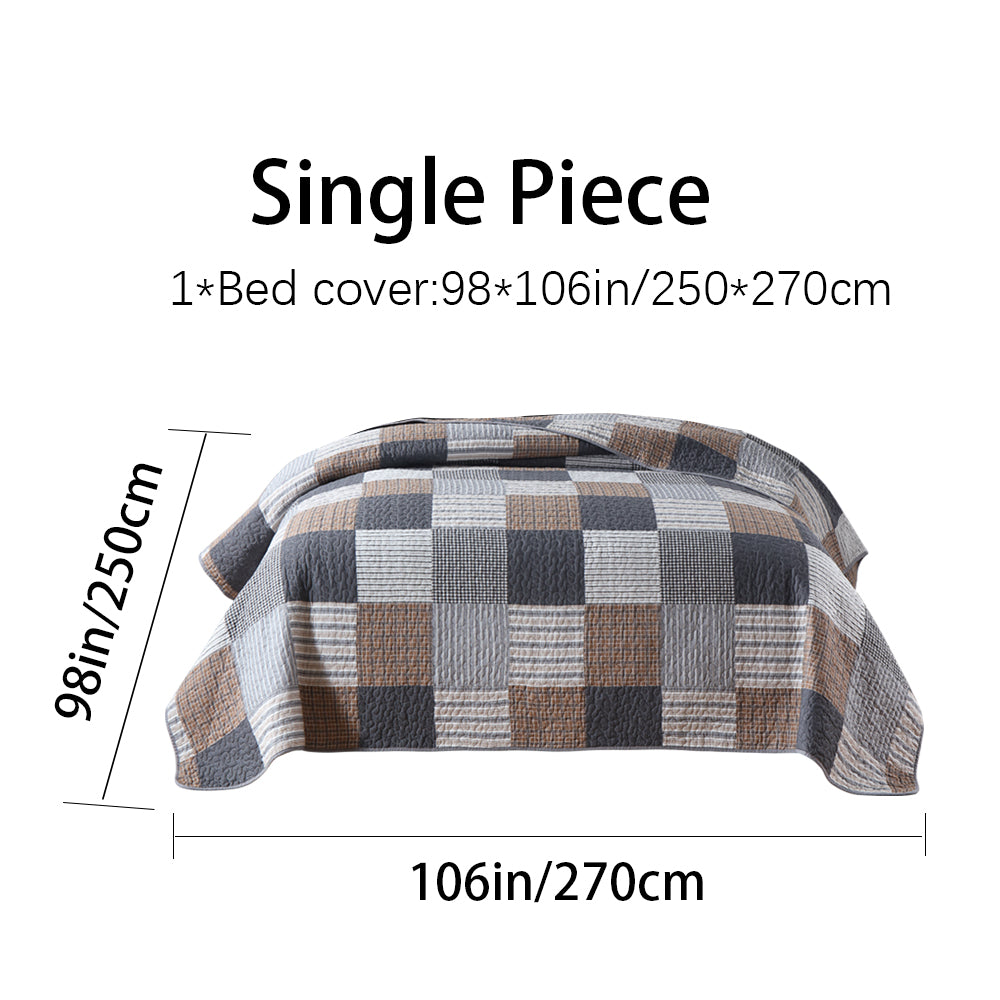Cotton Reversible Quilt Bedspread Set French Country Checkered Print with Textured Stripe