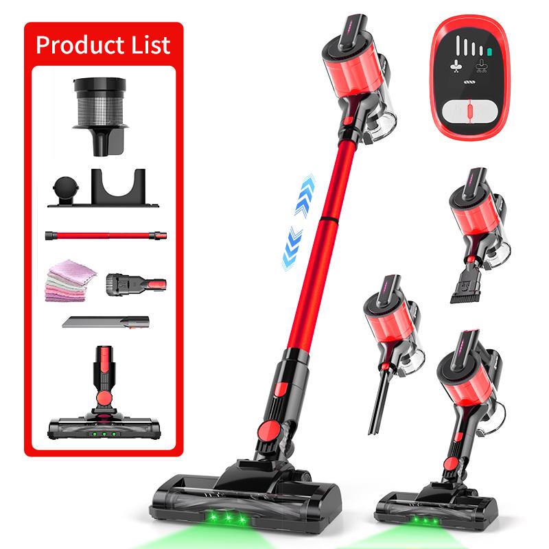 Nettoyeur à vide sans fil rouge léger avec tête de brosse anti-angle et LED verte
