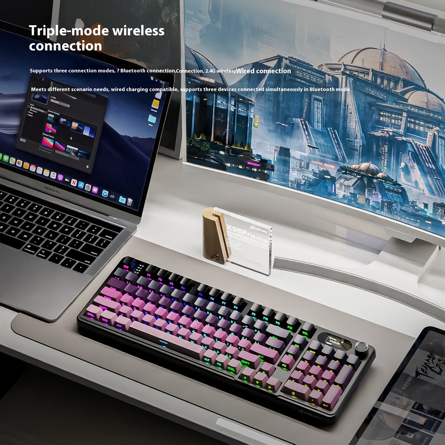 Gravure latérale Bluetooth sans fil RGB à trois modes avec clavier mécanique Knob Game