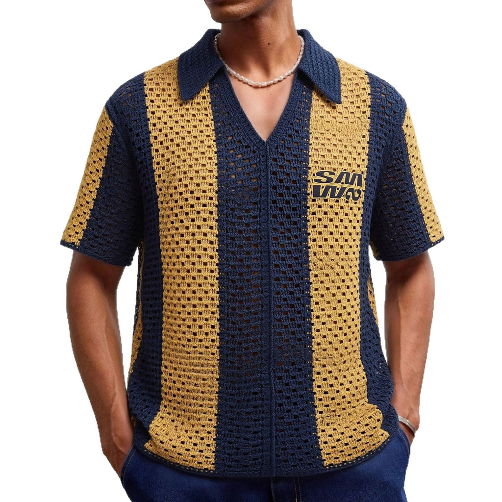 Retro Color-block Hollow-out manches courtes tricot haut respirant