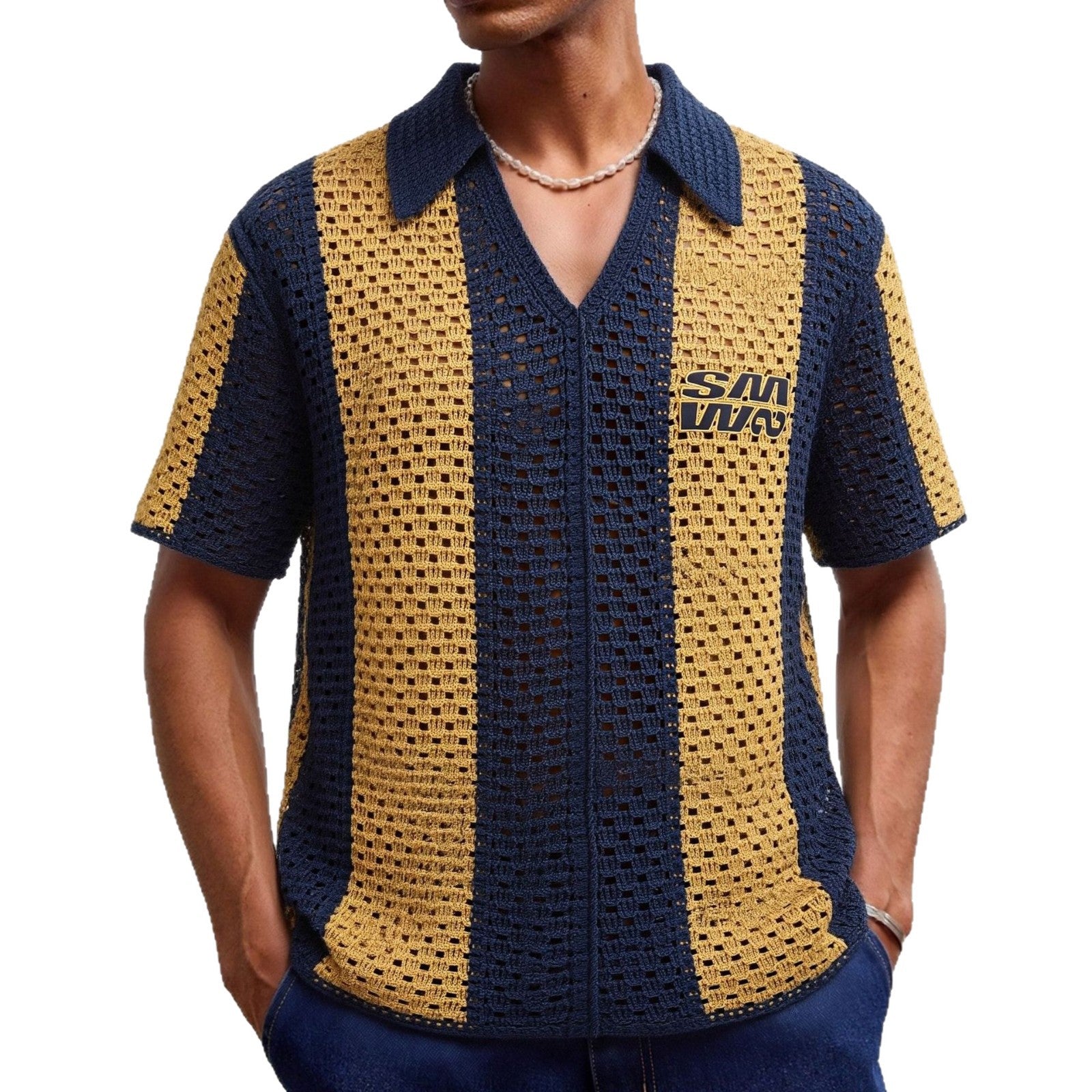 Retro Color-block Hollow-out manches courtes tricot haut respirant