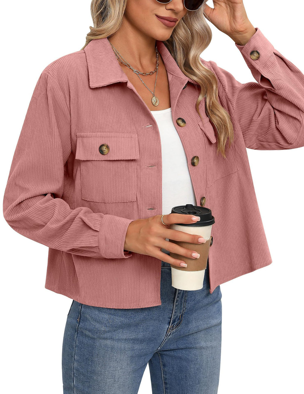 Femmes Casual Corduroy Bouton vers le bas Veste taillée Mode Court Top