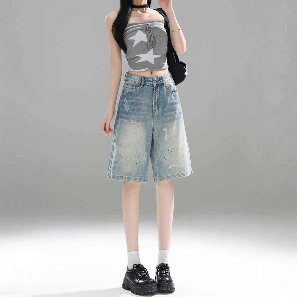 Retro Ink-Splatter Blue Wide-Leg Denim Capri Pantalons Femmes Été Leg Cropped Trou