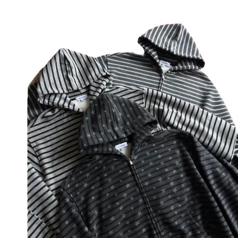 Style américain Vintage Étoile-imprimé rayé Cardigan Hoodie Hommes Veste