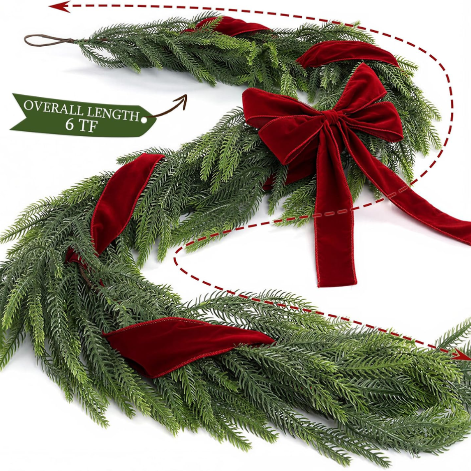 Decor de Noël 6FT Norfolk Pine Garland avec ruban Bows Velvet rouge