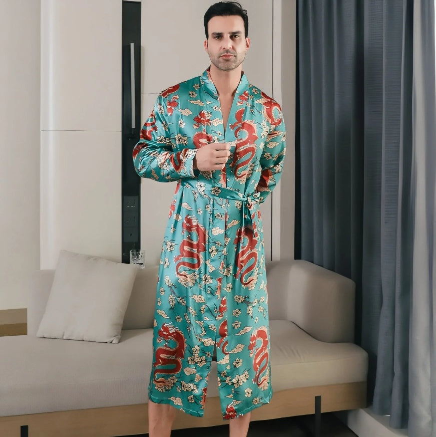 Été Ice-silk Long-style Wearable Ice-silk Youth Long-sleeve Loungewear Hommes Nightgown T