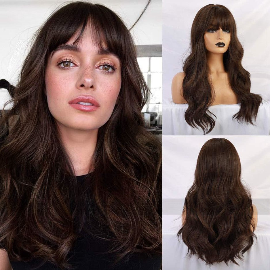 Femmes Black Brown Bangs Long Curly Wig