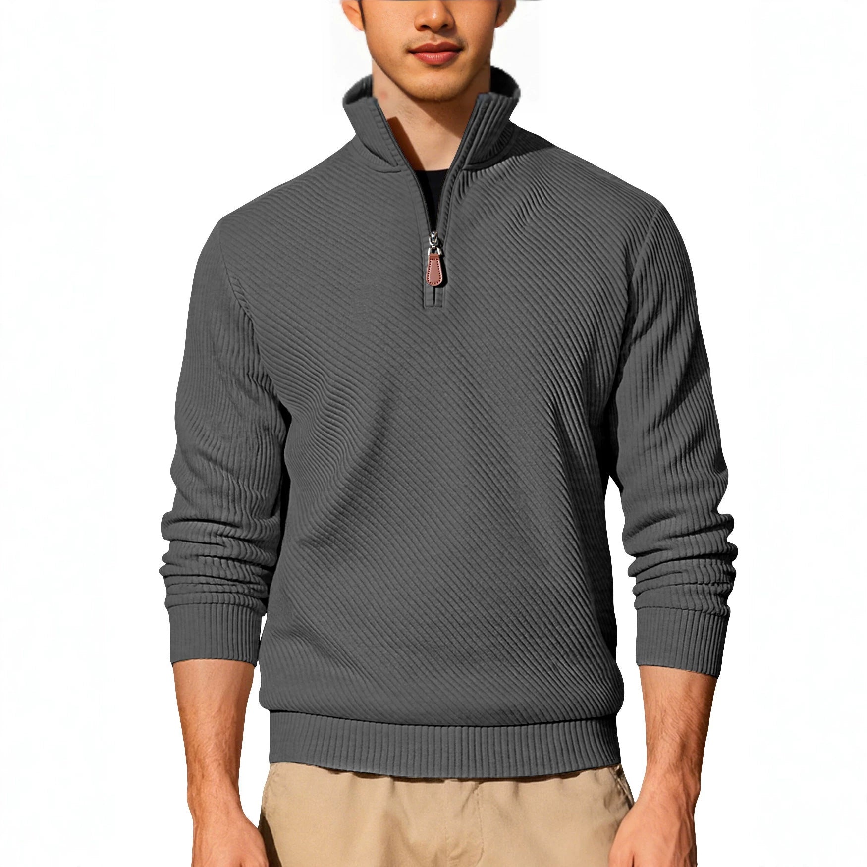 Arrivée Homme Twill Jacquard Ribbed demi-zip manches longues Plus Taille Sports Casual Sweatshir