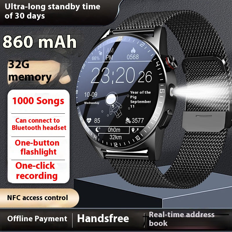 Mémoire 32G Ultra-long standby Smart Watch Lampe de poche Bluetooth Appel