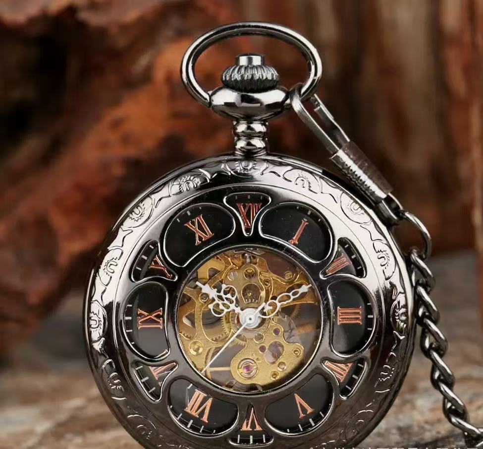 Montre de poche mécanique Pétale bleue noire