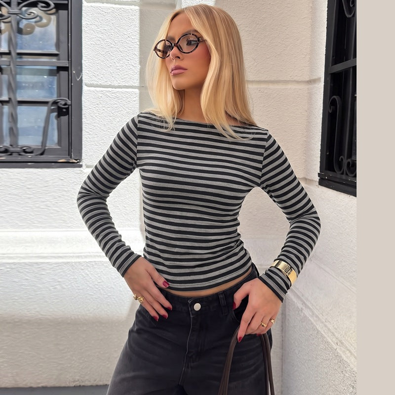 Elegant Crew Neck Long Sleeve Striped Slim-fit Top