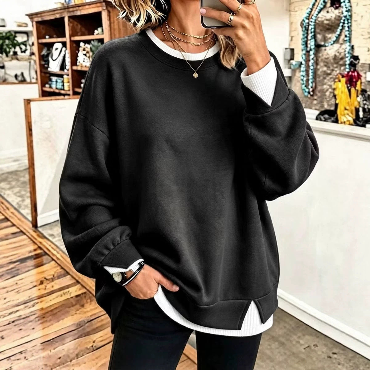 Col rond Patchwork à manches longues Pullover Sweatshirt de couleur unie