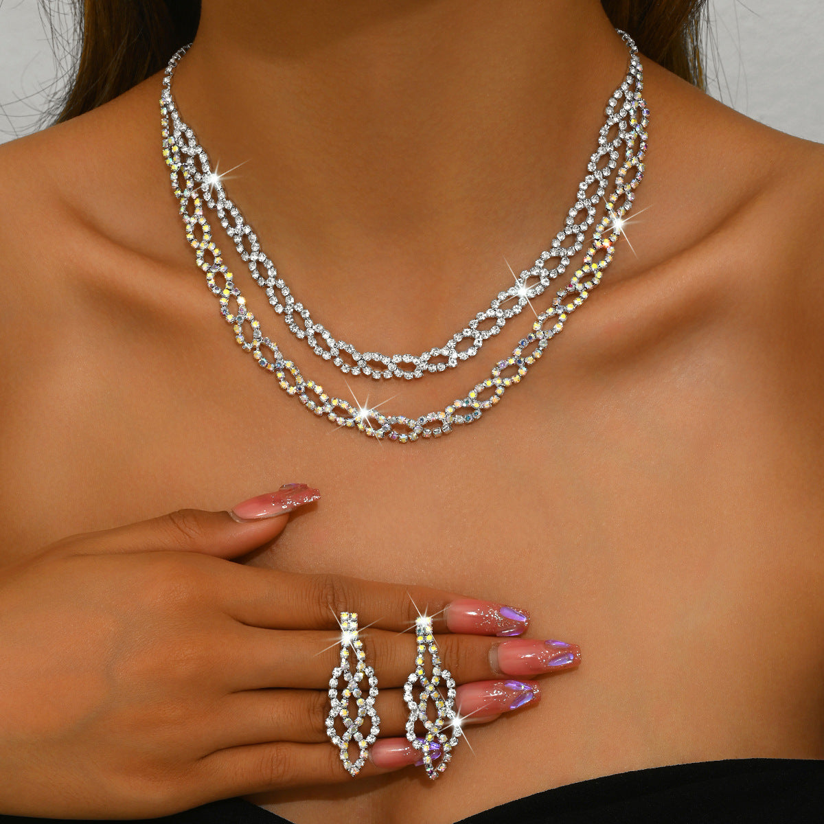 Femmes Double couche Cuban Link CZ 2Pcs Ensemble de bijoux