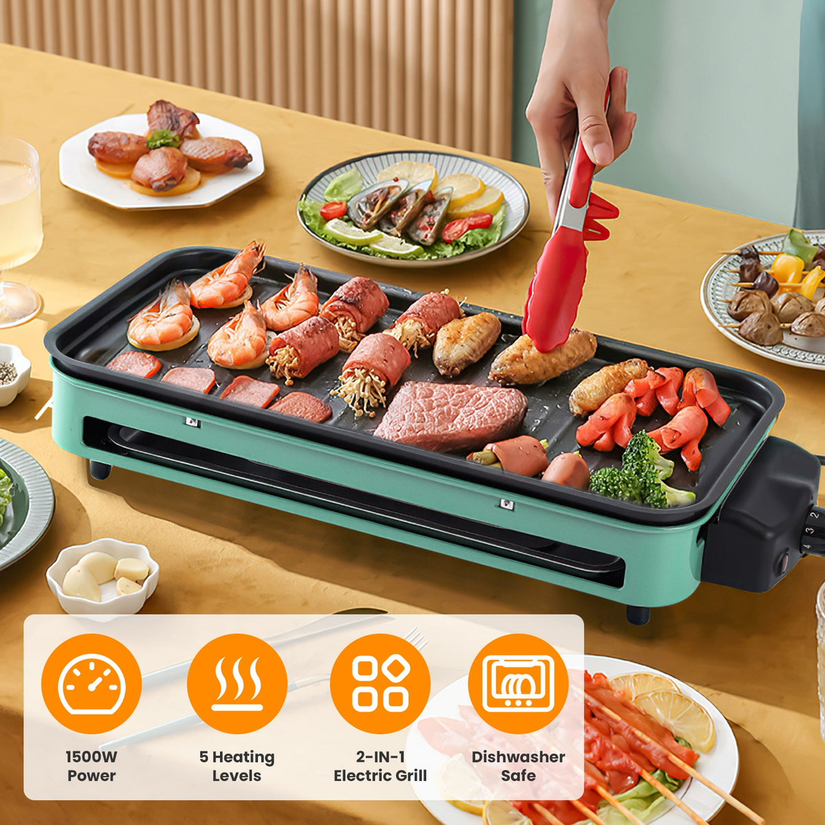 1500W Grill intérieur électrique 2 en 1 BBQ électrique Gill avec grille Net plaque amovible 5 Temp