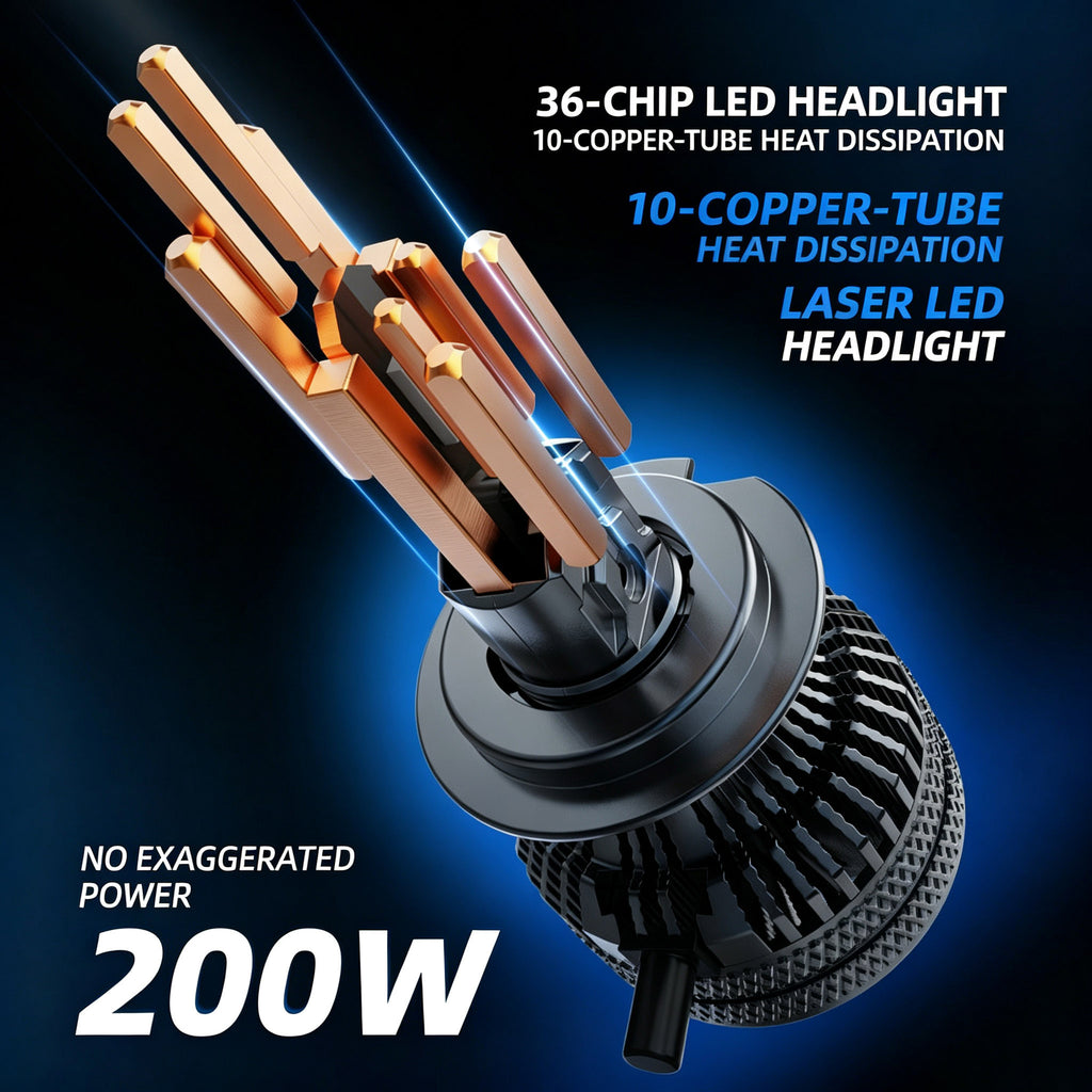 200W Super lumineux phare de voiture LED Ampoule 10 tubes en cuivre 36 puce haute focale H4 H7 LED automatique