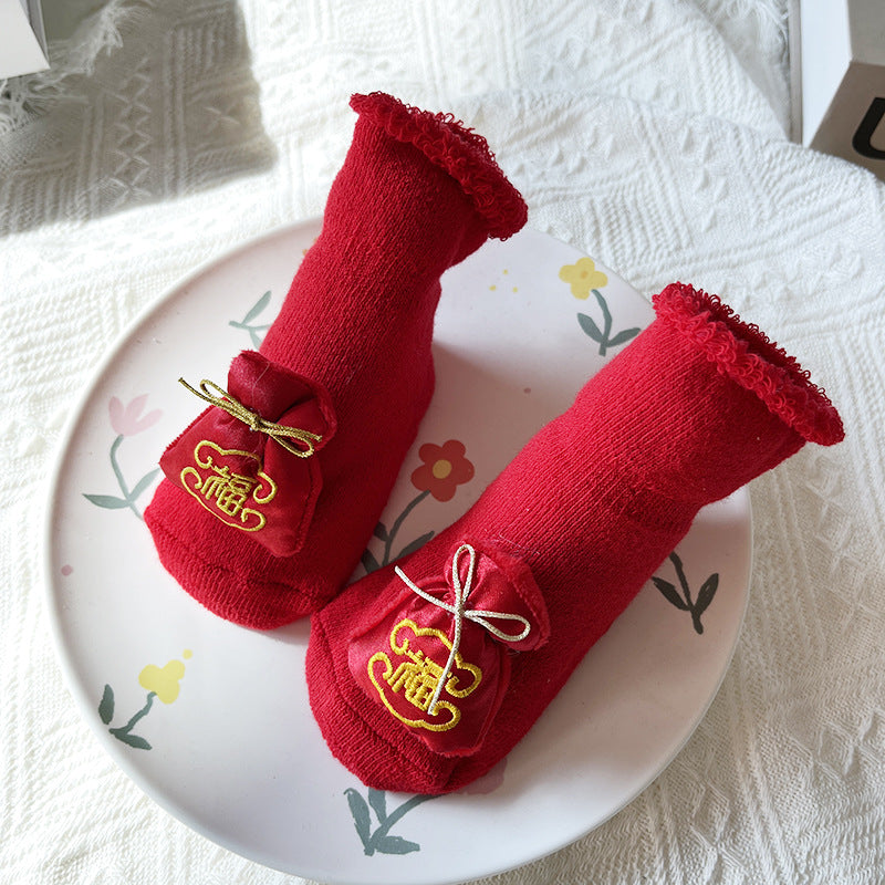 Bébé Hiver Grand Rouge Terry Chaussettes de sol antidérapantes