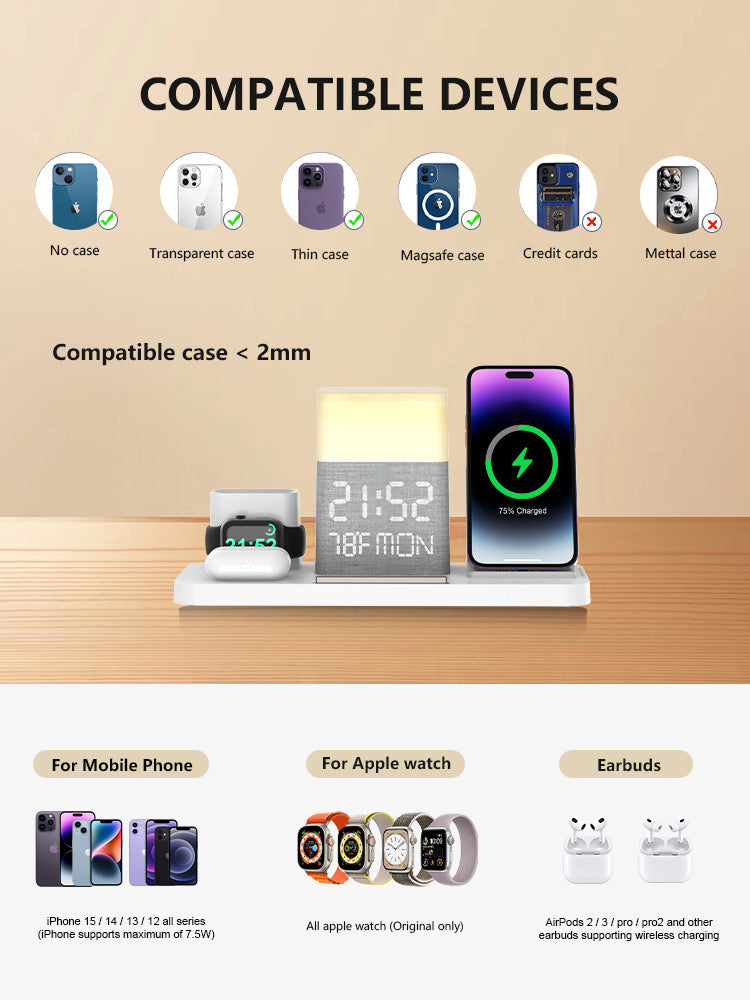 6-en-1 Ensemble de recharge sans fil Touch Night Light Téléphone mobile Bluetooth temps de synchronisation