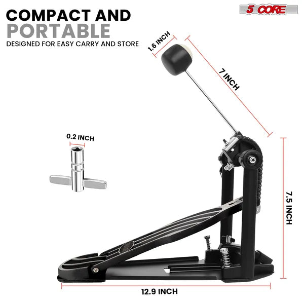 5 Core Bass Drum Pedal Mount Ajustable Felt Beater Head Single Chain HeavyDuty Kick Drum