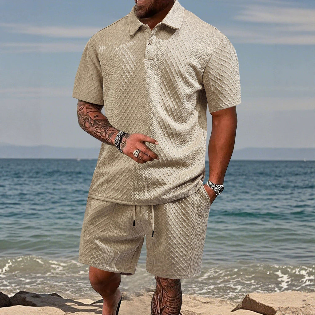 Men's Summer Thin Loose Respirant Solid Color Jacquard Tissu Lapel Short Sleeve Polo Shi