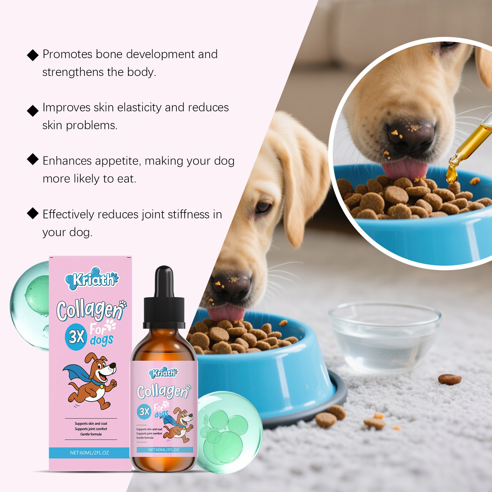 Kriath Pet Dog Nutrition gouttes formule légère pour la fourrure et soins de la peau aliments principaux avec supplemen