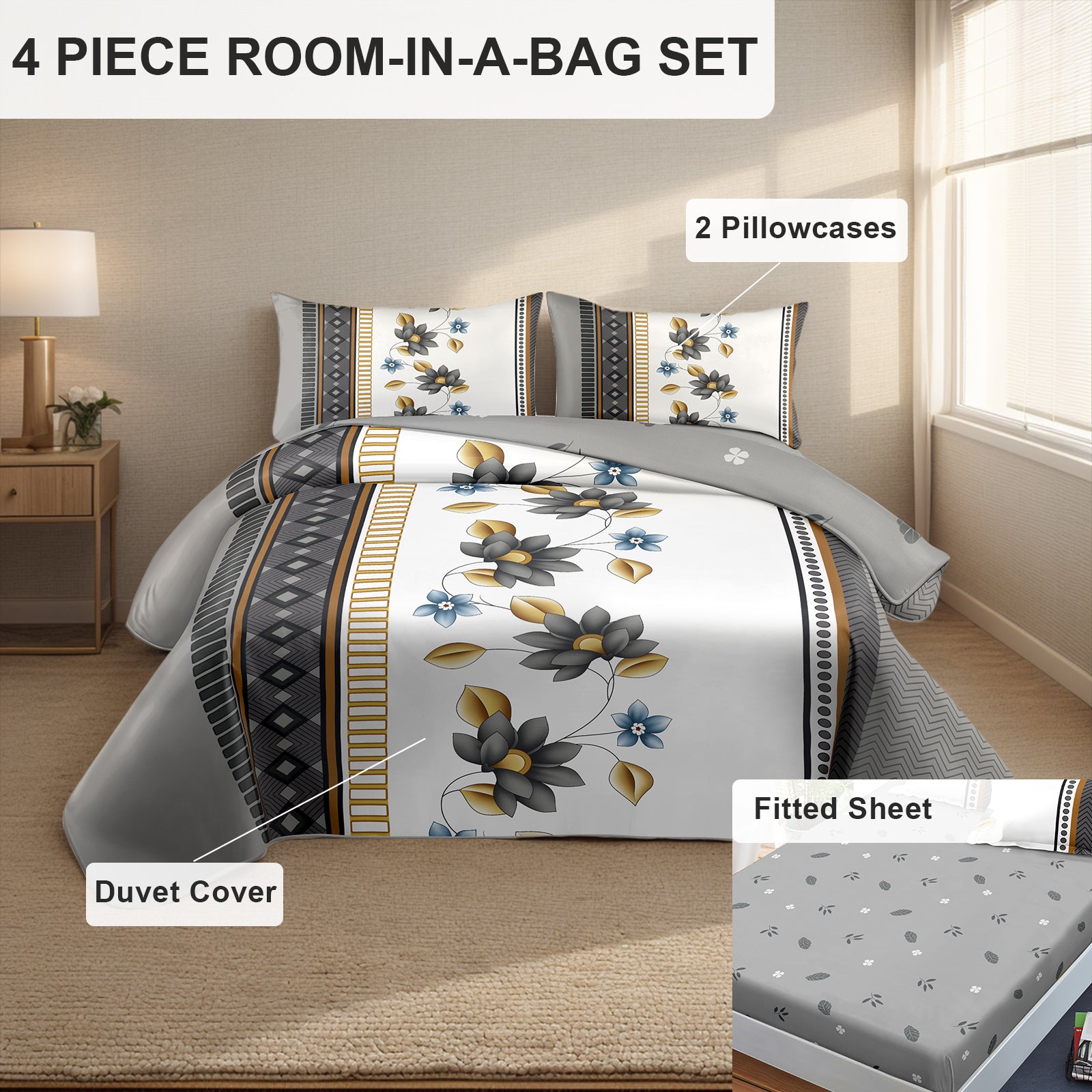 Ensemble de literie 4 piece gris et blanc de couette florale pour la Reine