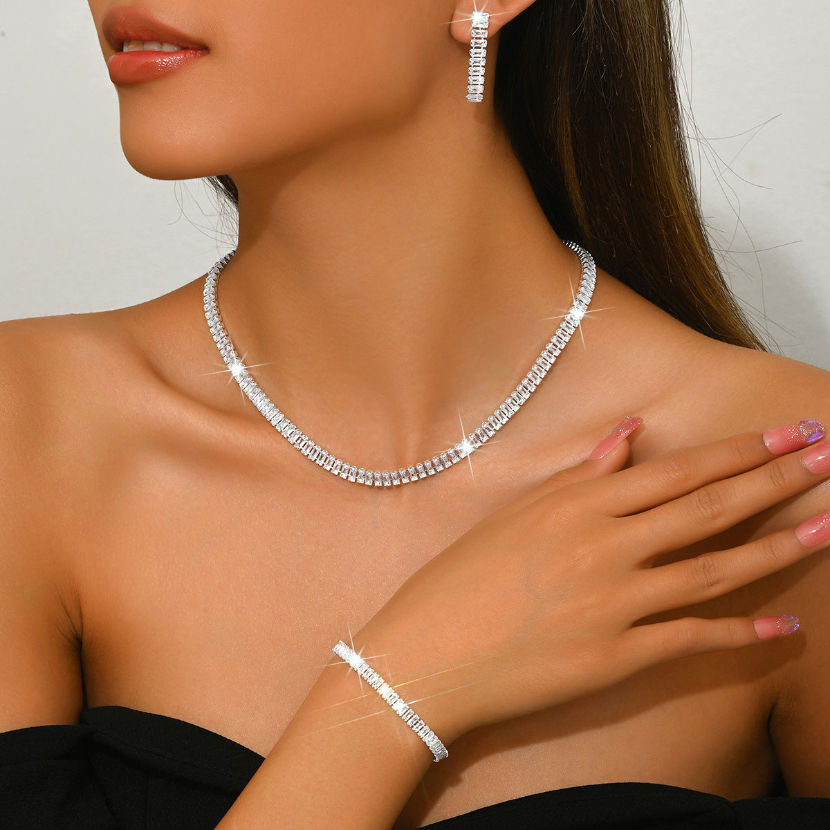 Parure de bijoux femme en zircon, collier, boucles d'oreilles et bracelet