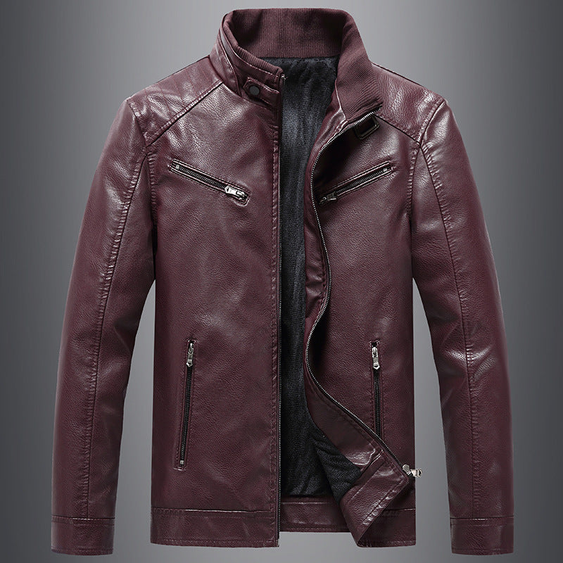 Men's Fleece rembourré Coat Casual style coréen Stand Collar PU veste en cuir tendance jeunesse