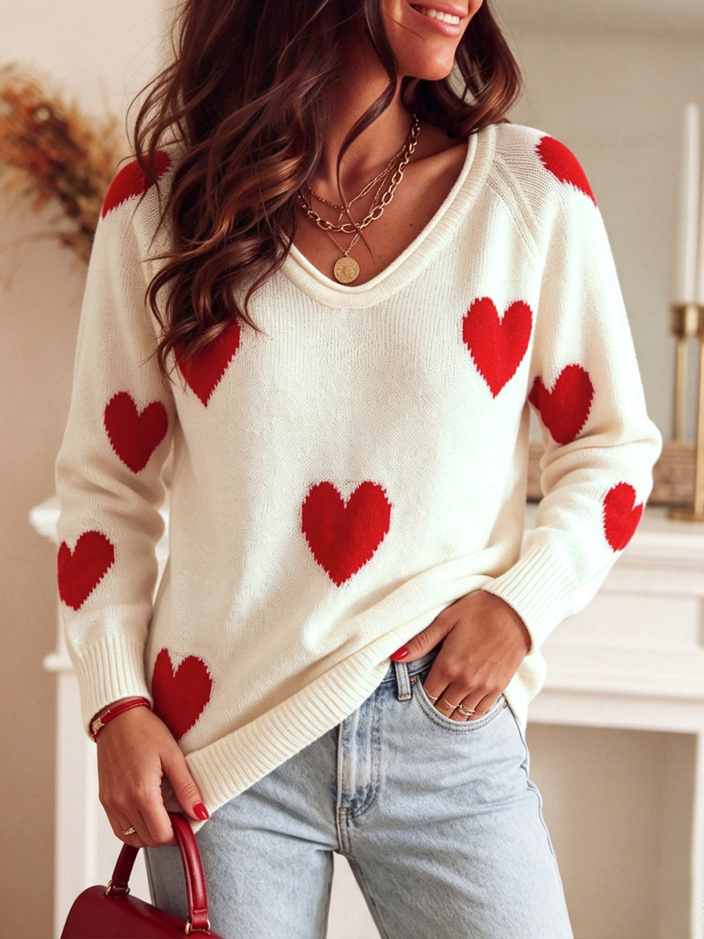 Crème Casual Overzied Blanc Tout sur le coeur rouge Pattern longue manches tricot dessus pour les femmes